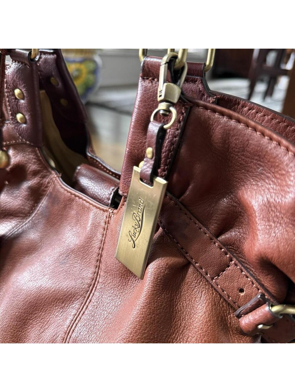 Lucky Brand Cognac Leather Boho Slouch Tote Crossbody Bag Tassel Large - Picture 3 of 11